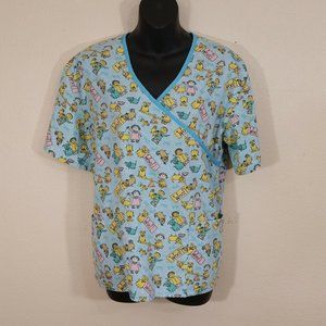 Southern Scrubs Women Scrub Top Medium Blue Woof Dog Mock Wrap Vet Nurse Doctor